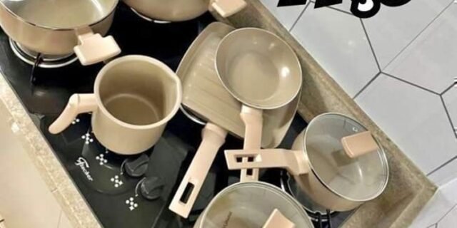 Mimo Style Conjunto 7 Panelas Sartin Cook Champanhe Estrutura em Alumínio Revestida em Cerâmica, Base Alto Relevo. Tampa Vidro Temperado Alças e Cabos