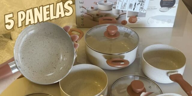 Oikos – Jogo com 5 Panelas Antiaderentes de Revestimento Cerâmica com Tampa de Vidro Terrara Bege com 5 Camadas para Fogão a Gás, Elétricos, Cerâmicos…