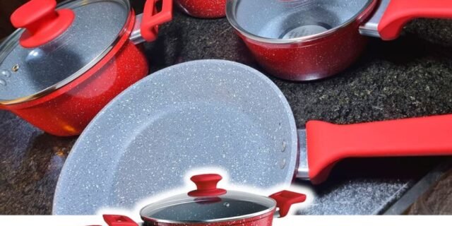 Euro Home, ALU8709-VO, Conjunto de panelas ColorStone 4 peças de alumínio com antiaderente e tampa de vidro, Volcano, Vermelho