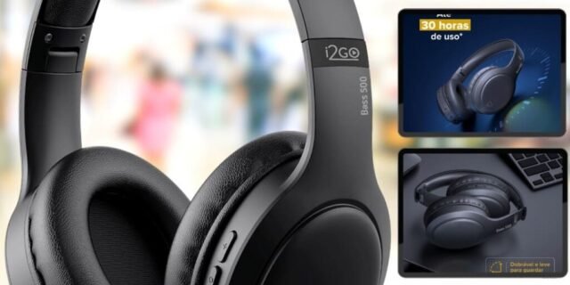 I2GO, Headphone Bass 500, Bluetooth, Microfone Integrado, Controle Multimídia, Até 30h de bateria, Entrada cabo auxiliar P2 (incluso), Dobrável