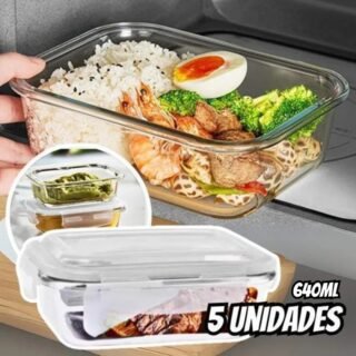 Conjunto 5 Pote Vidro Hermético Marmita Tampa Plástico 640ml