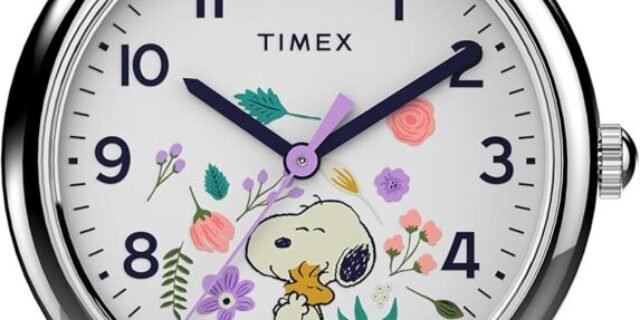 Timex Relógio de pulso feminino casual Peanuts Weekender – com Snoopy e Woodstock em um motivo floral, caixa prateada com pulseira de tecido azul (31 mm), Floral azul amendoim, Weekender, 31 mm