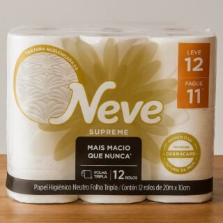 Neve Papel Higiênico Supreme Folha Tripla, 20m, Leve 12 Pague 11 Rolos