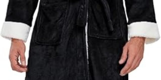 Roupão masculino de lã com capuz macio de pelúcia para homens com cinto e 2 bolsos