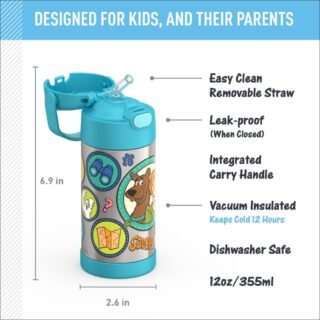 THERMOS FUNTAINER Garrafa de água com canudo – 340 g – Garrafa de água infantil isolada a vácuo de aço inoxidável com tampa, Scooby-Doo