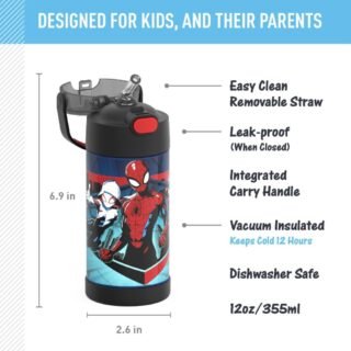 THERMOS FUNTAINER Garrafa de água com canudo – 340 g – Garrafa de água infantil isolada a vácuo de aço inoxidável com tampa, Homem-Aranha