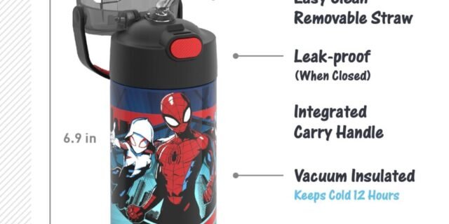 THERMOS FUNTAINER Garrafa de água com canudo – 340 g – Garrafa de água infantil isolada a vácuo de aço inoxidável com tampa, Homem-Aranha