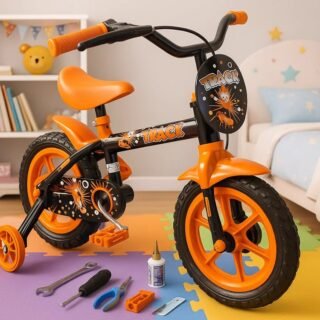 Bicicleta Aro 12 Infantil Track Bikes Arco Iris Preto e Laranja com Rodinhas