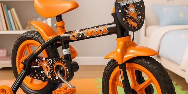 Bicicleta Aro 12 Infantil Track Bikes Arco Iris Preto e Laranja com Rodinhas