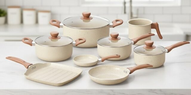 Oikos – Jogo com 8 Panelas Antiaderentes de Revestimento Cerâmica com Tampa de Vidro Terrara Bege com 5 Camadas para Fogão a Gás, Elétricos, Cerâmicos