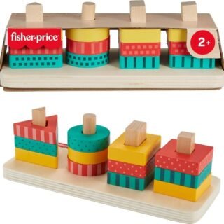 Fisher-Price Brinquedo para empilhar com círculos, triângulos e quadrados de madeira, 13 peças fabricadas com material certificado FSC, conjunto inspirado em Montessori + 2 anos (HXV05)