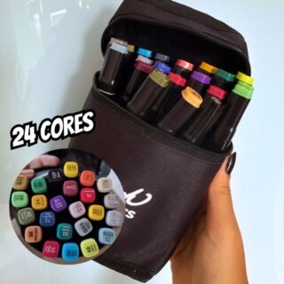 Kit de 24 Canetas Marcador Permanente Ponta Dupla Touch Coloridas para Desenho Profissional Escolar Infantil com Estojo Organizador Base Artista