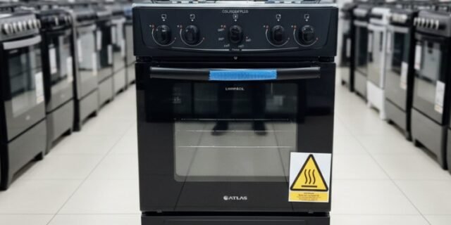 Fogão Atlas 4 bocas preto com forno limpa fácil Coliseum Plus – Forno 50l