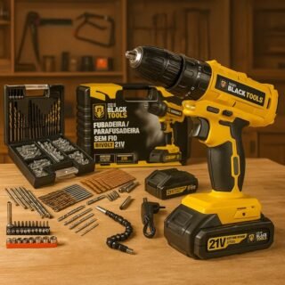 Parafusadeira E Furadeira Impacto Tb-21pz The Black Tools 2 Baterias 21v 3/8 Com Jogo De Brocas Bits E Buchas 300 Peças