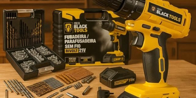 Parafusadeira E Furadeira Impacto Tb-21pz The Black Tools 2 Baterias 21v 3/8 Com Jogo De Brocas Bits E Buchas 300 Peças