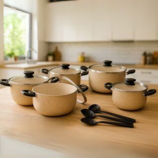 Jogo Conjunto De Panelas 5 Peças Caçarolas Teflon Antiaderente Kit Tampa De Vidro Cor Marfim