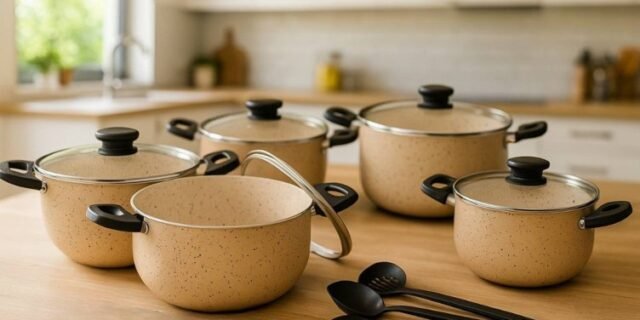 Jogo Conjunto De Panelas 5 Peças Caçarolas Teflon Antiaderente Kit Tampa De Vidro Cor Marfim