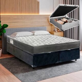 Cama Box Baú Casal Suede + Colchão De Espuma D33 – SerenePrime – 138cm Cinza