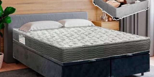 Cama Box Baú Casal Suede + Colchão De Espuma D33 – SerenePrime – 138cm Cinza