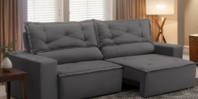 Sofá Retrátil e Reclinável 3 lugares com Molas 2,00m Livia Suede Cinza Adonai Estofados