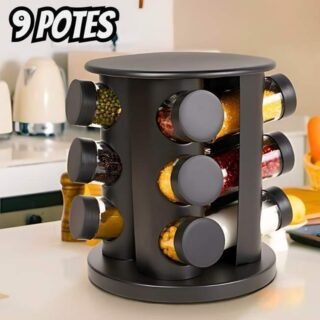 Porta Temperos e Condimentos Giratório 9 Potes Vidro Preto Sólar