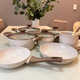 Jogo de panelas de cozinha Mimo Style Cook Fundo de Tripla Indução com 10 peças de alumínio marmol vanila