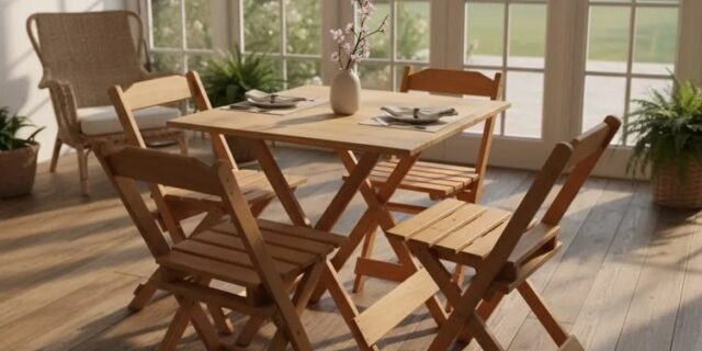 Jogo Conjunto Mesa Dobrável 70×70 C/4 Cadeiras Madeira