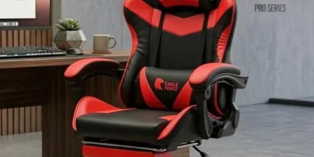 Cadeira Gamer Preta e Vermelha Eagle Force Reclinável 135 Apoio Pés Ergonômica Home Office