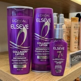 L’Oréal Paris Elseve Collagen Lifter Kit Shampoo, Condicionador e Sérum Leave-in com Peptídeos e Proteção Térmica para Cabelos Finos, Volume em 3D, 400ml + 400ml + 100ml