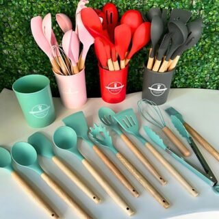 Kit C/12 Utensílios De Cozinha Silicone Cabo Madeira