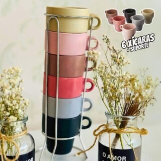 WOLFF – Conjunto 6 Xícaras de Café Empilháveis de Cerâmica com Suporte Coloridas 90ml