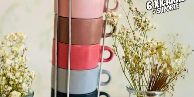 WOLFF – Conjunto 6 Xícaras de Café Empilháveis de Cerâmica com Suporte Coloridas 90ml