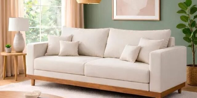 Sofá Living 3 Lugares Suede Resistente Madeira + Almofadas