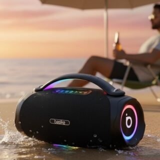 Caixa de Som Bluetooth Portátil 200W, Basike Boombox V97 Pro com Powerbank, IPX6 À Prova D’água e Resistente À Poeira, Luz RGB Surround, Tecnologia TWS, 8h de Autonomia, EQ/TWS/TF/AUX