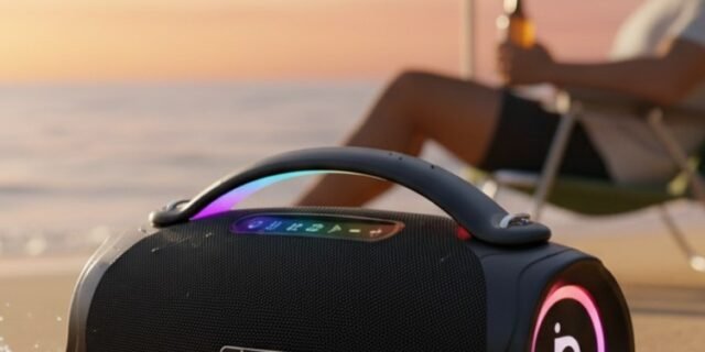 Caixa de Som Bluetooth Portátil 200W, Basike Boombox V97 Pro com Powerbank, IPX6 À Prova D’água e Resistente À Poeira, Luz RGB Surround, Tecnologia TWS, 8h de Autonomia, EQ/TWS/TF/AUX
