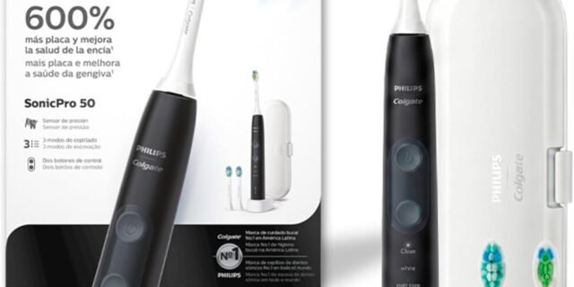 Escova de Dente Elétrica Philips Colgate Recarregável | SonicPro 50, Remove 600% Mais Placa, Gengivas 100% Mais Saudáveis, 3 Cabeças, Estojo de Viagem, Bivolt