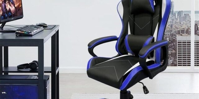 Cadeira de jogos com encosto alto, apoios de braços fixos em quatro pontos, altura ajustável (Azul)