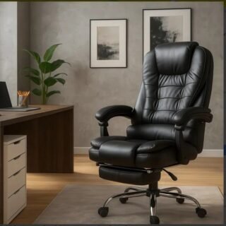 Cadeira Escritorio Diretor Reclinável Ergonômica Giratoria Preto Couro Sintético