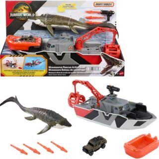 Kit Matchbox Mosassauro Jurassic World Mattel. Barco de aprox. 31 cm com dinossauro, Jeep e mísseis. Presente para crianças a partir de 3 anos.