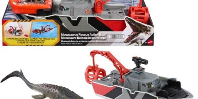 Kit Matchbox Mosassauro Jurassic World Mattel. Barco de aprox. 31 cm com dinossauro, Jeep e mísseis. Presente para crianças a partir de 3 anos.