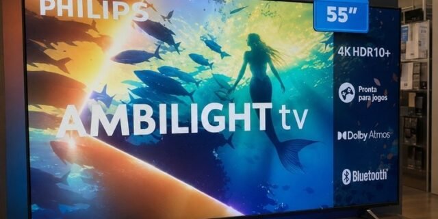 PHILIPS, Smart TV Ambilight 55″ 4K, Titan OS, 55PUG8100/78, Comando de Voz, HDR10+/Dolby Atmos, VRR/ALLM, Bluetooth