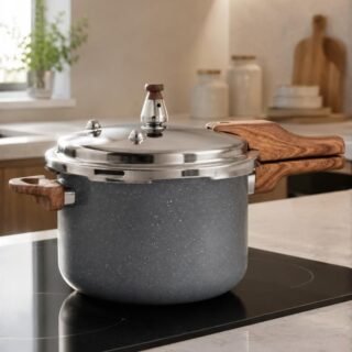 Panela de Pressão Indução Antiaderente Cerâmica 4,2L Grafite com Cabo Amadeirado, Fundo de Indução, Tampa Inox e Sistema de Segurança