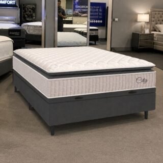 Cama Box Baú Colchão Casal Molas Ensacadas City Pillow Top 138x188x64cm Branco e Cinza Hellen Suporta até 110kg por Pessoa