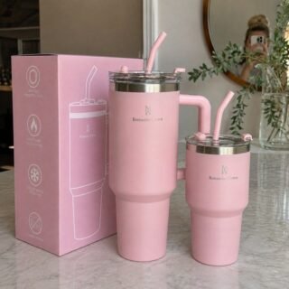 Kit Copos Térmicos 1,18l + 591ml Com Canudo, Tampa E Alça, Rosa Claro