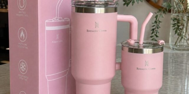 Kit Copos Térmicos 1,18l + 591ml Com Canudo, Tampa E Alça, Rosa Claro