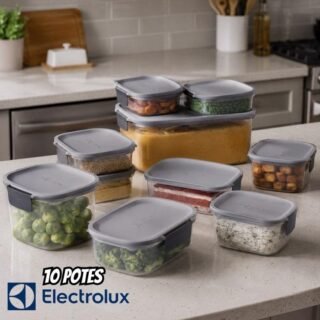 Electrolux Kit 10 Potes Herméticos de Plástico Cinza, 9,15L, Safelock, Empilhável e Modular
