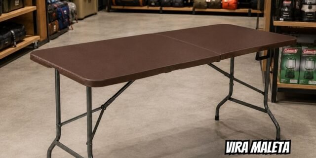 Mesa Dobrável Portátil Marrom 1,80m Tipo Maleta até 150kg