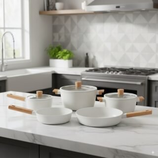 Jogo de Panelas Brinox Revestimento Cerâmico Creme 5 Peças Cabo Amadeirado Ceramic Life Nordic