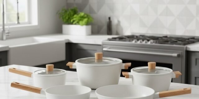 Jogo de Panelas Brinox Revestimento Cerâmico Creme 5 Peças Cabo Amadeirado Ceramic Life Nordic