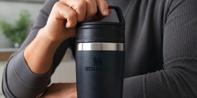 Stanley – Copo de Café Térmico, Caneca de Viagem Café Go com Tampa de Duas Partes Para Beber e Alça de Transporte, Garrafa Térmica de Aço Inoxidável, 236 ml, Black